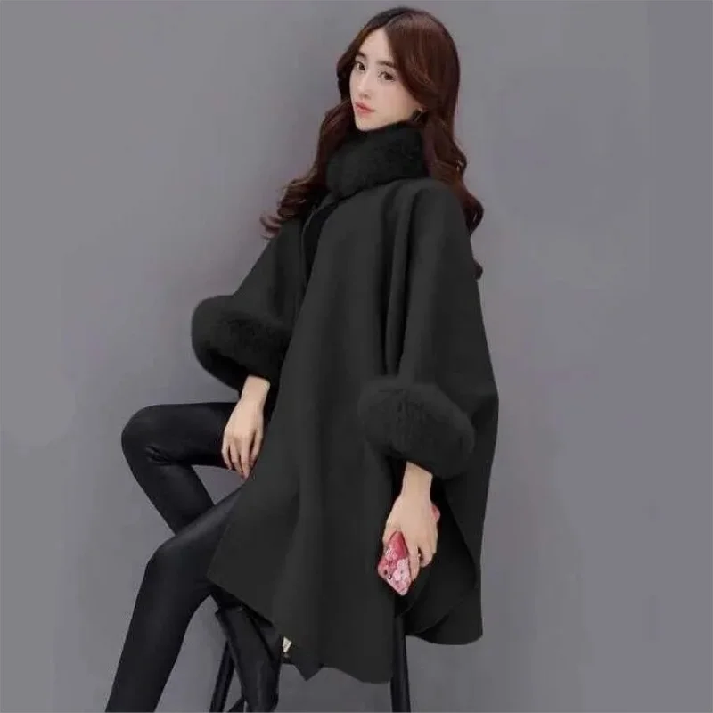 

Women's shawl coat Winter warm mid-length wool poncho elastic slim loose Korean fashion streetwear