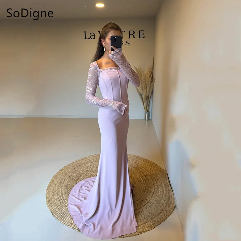 

SoDigne Mermaid Lace Prom Gowns Full Sleeves Square Collar Illussion Prom Dress Floor Length Gathering Party Dresses Customized