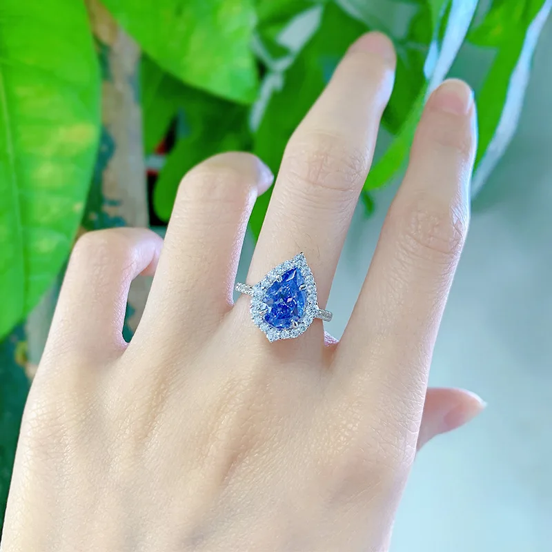 S925 Sterling Silver Blue Water Droplet Shining High Carbon Diamond Tanzanite Ring Women Jewelry Luxur Party Dance Birthday Gift