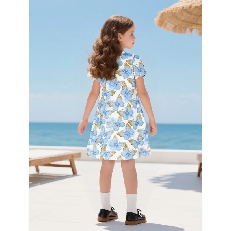 Girls Blue Butterfly Print Short Sleeve Dress Casual Elegant Design Fashionable Young Girls' Clothing