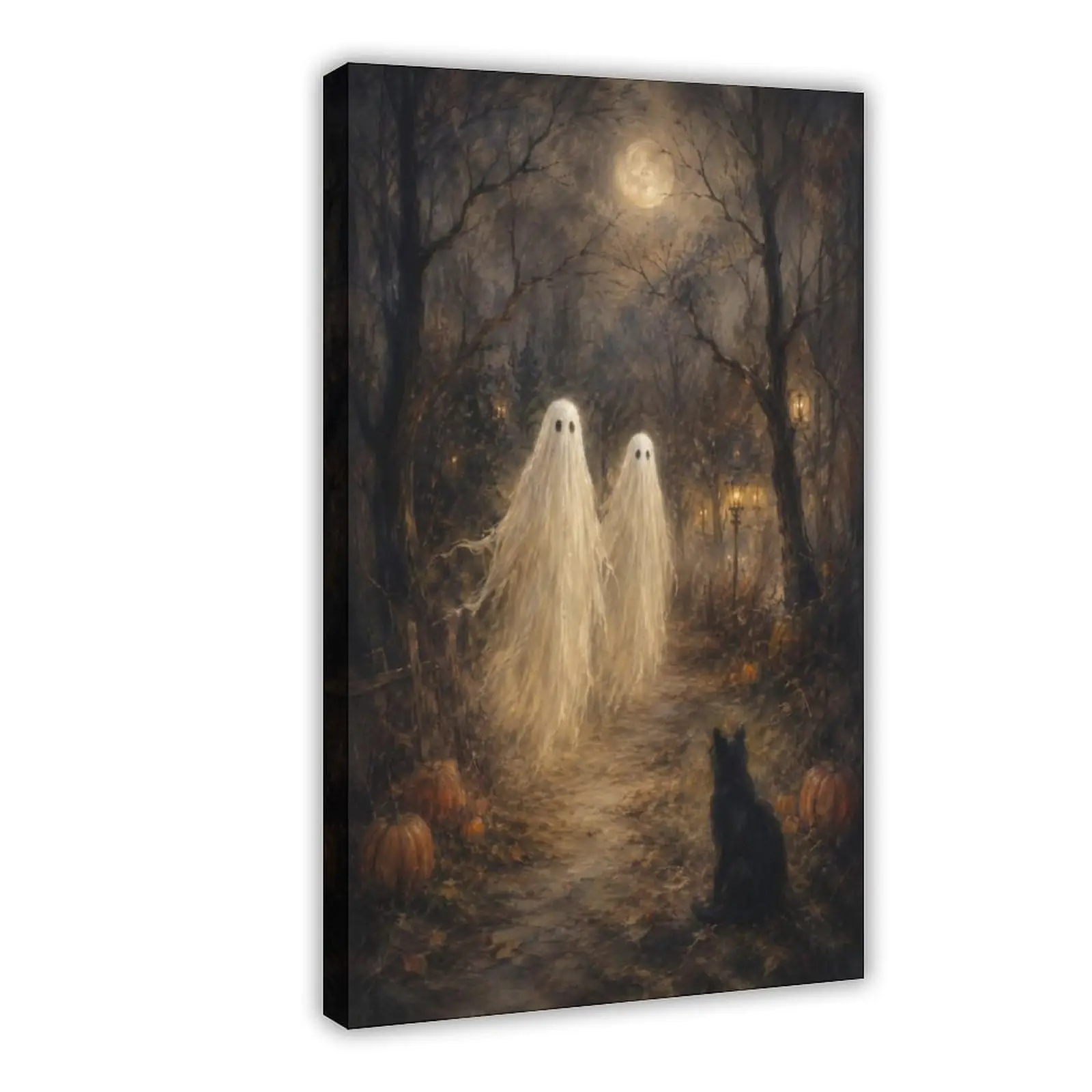 Moonlit Forest Ghosts Black Cat Pathway Halloween Canvas Decor