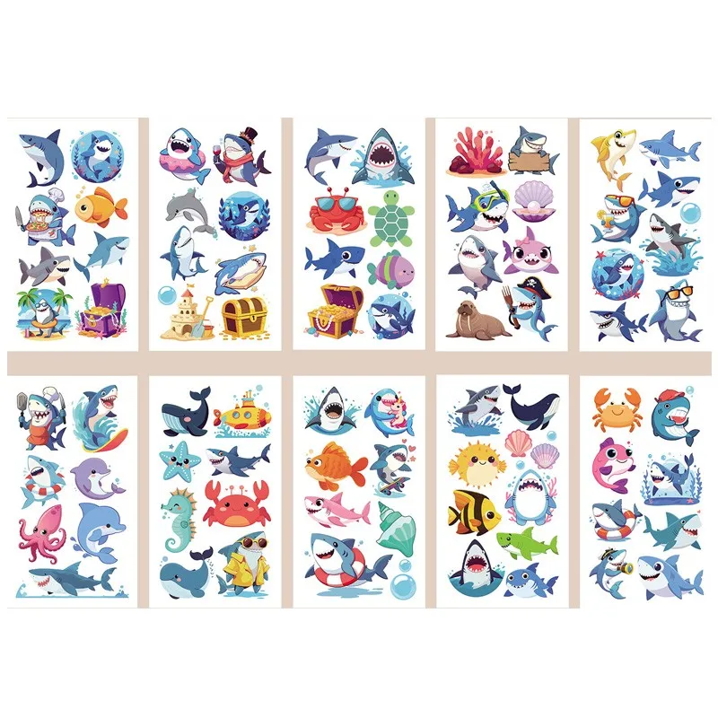10 قطعة/المجموعة الكرتون القرش المؤقتة لصاقات وشم حيوانات البحر الأسماك للماء الوشم لهدية حفلة عيد ميلاد مضحك