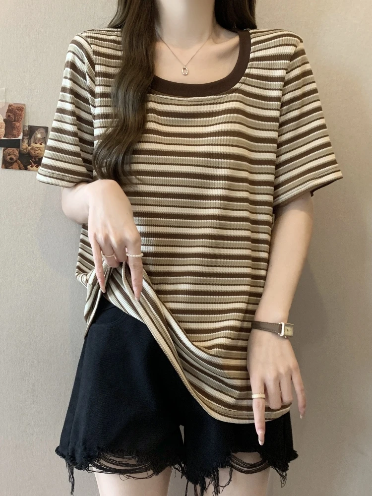 

Loose Striped Short Sleeve T-Shirt Women's Summer plus Size Square Collar Base Shirt Fat MM Slimming Belly Covering Top