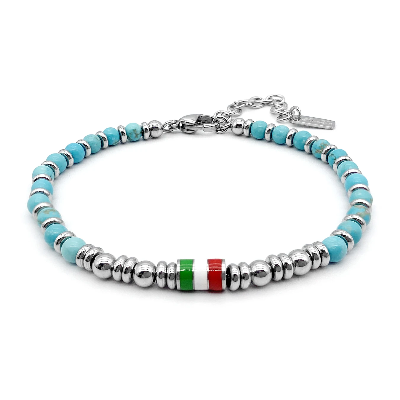 Runda Men’s Natural Stone Bracelet Turquoises Beads with Enamel Flag Stainless Steel Adjustable Size 22cm Handmade Bead Bracelet