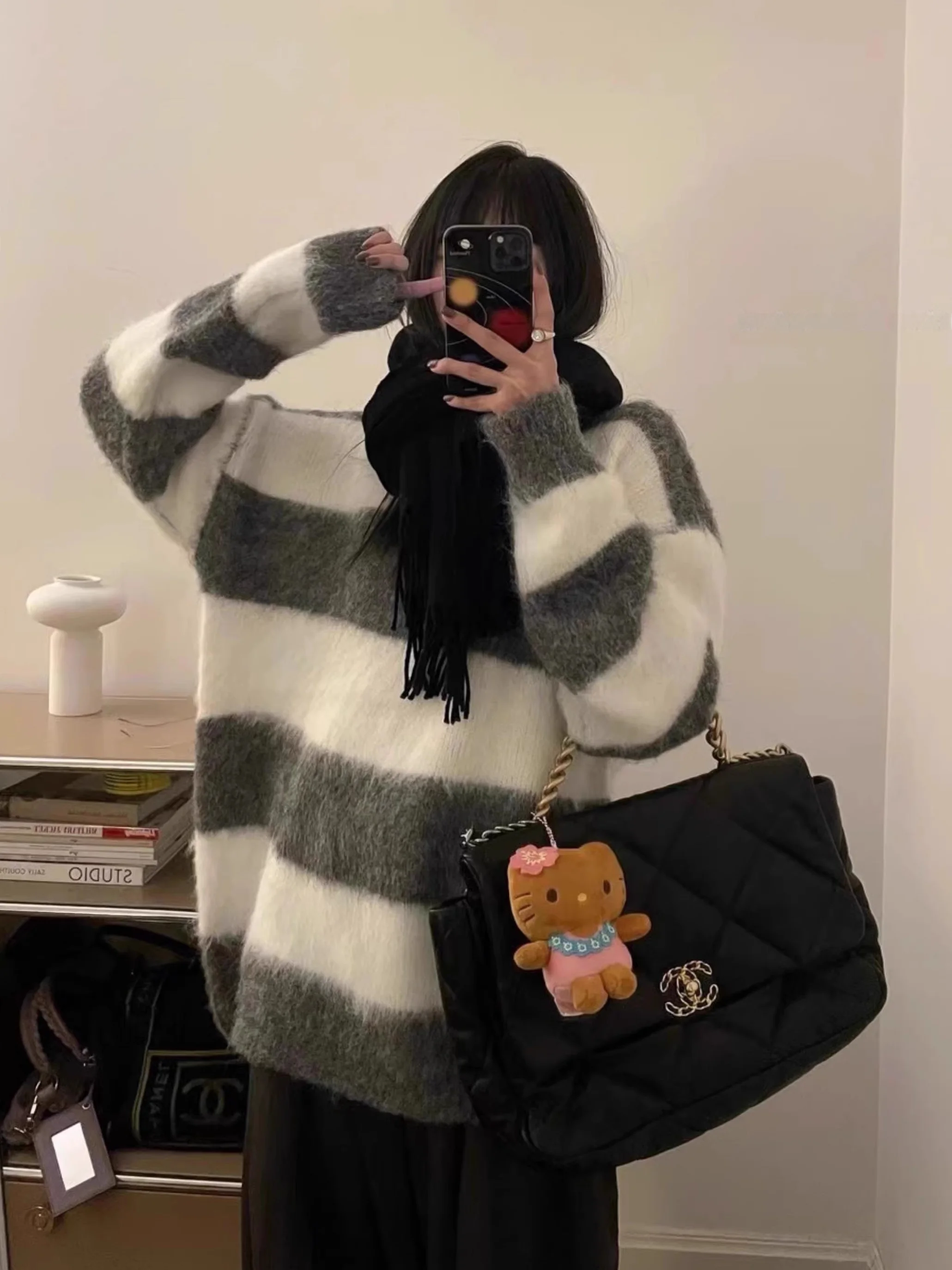 

Loose Oversize Lazy Knitted Sweater Color Blo Striped round Ne Long Sve Women's Autumn Winter Warm Faion Top