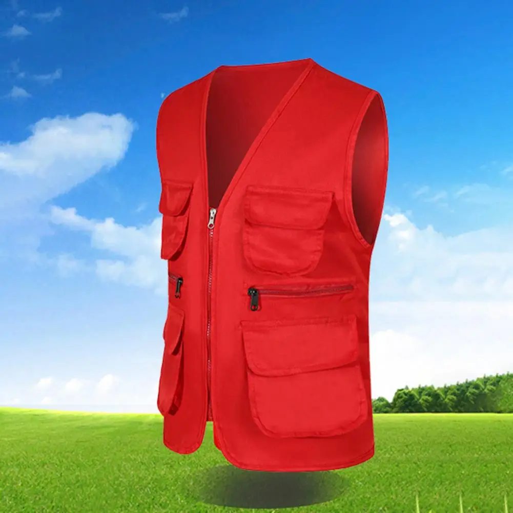 Men Solid Color Multiple Pockets Vest Coat V-neck Zipper Unisex Outdoor Photographer Volunteer Waistcoat Hiking Working Clothing
