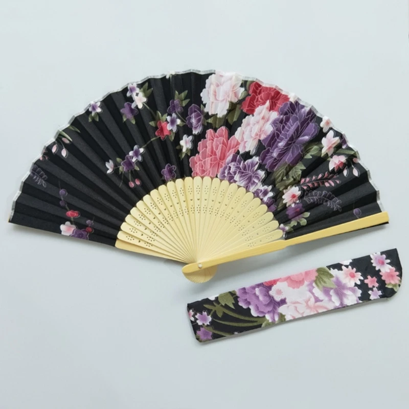 Vintage Folding Fan with Bag Chinese Japanese Floral Hand Fans for Women Festival Gift Performances Dance Wedding Decor