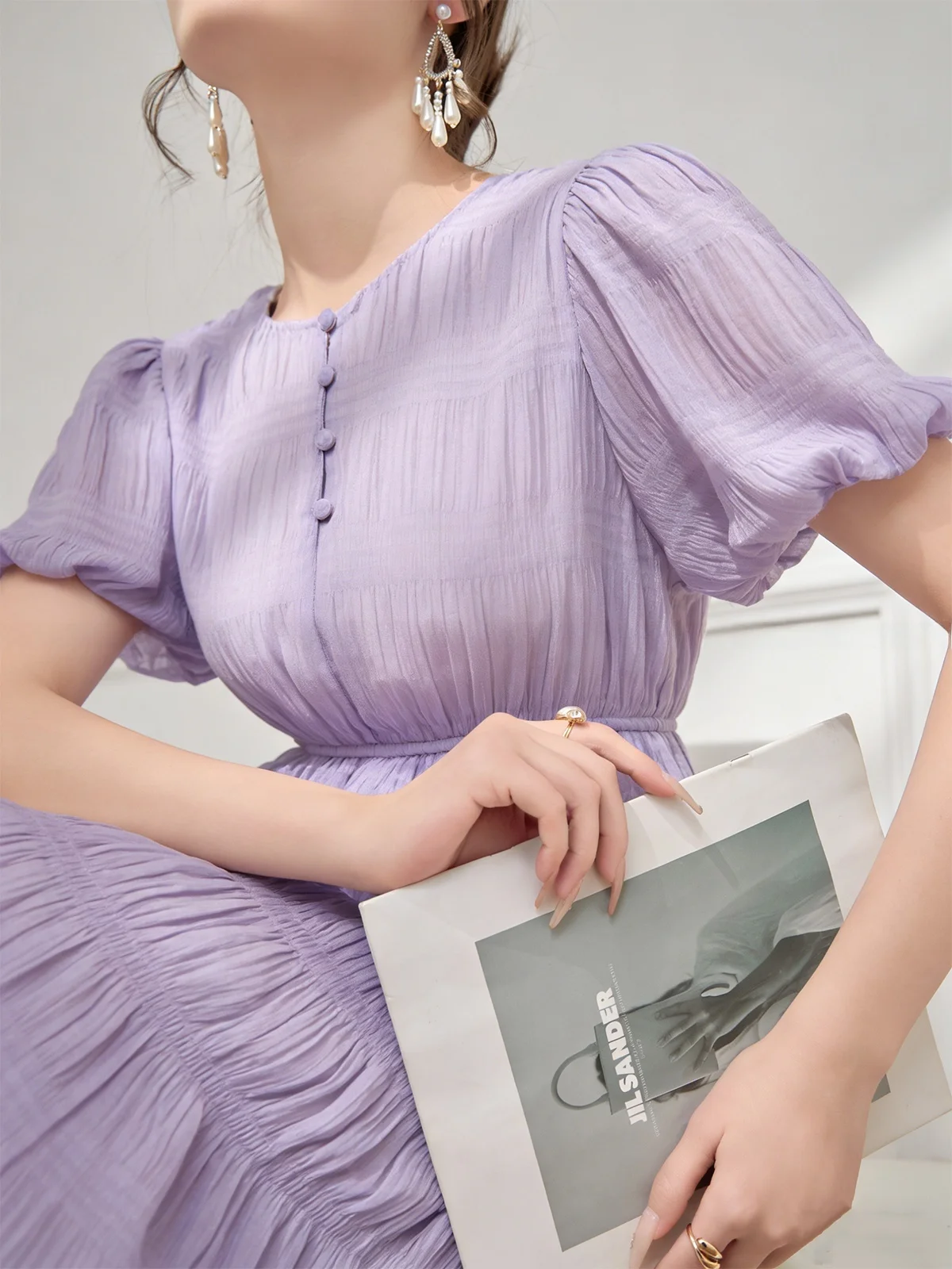 

Elegant Purple Women's Dress Bubble Sleeve Waist Cinched Long Dress Versatile Style High Waist A-Line Skirt Casual Wear
