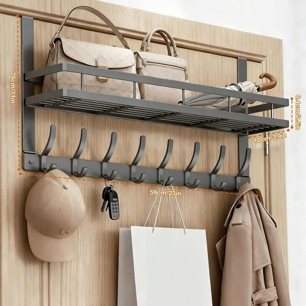 

MultiFunctional Metal OverTheDoor Storage Rack NoDrill Easy Installation, Modern Painted Design With Hooks For Bedroom Bathroom
