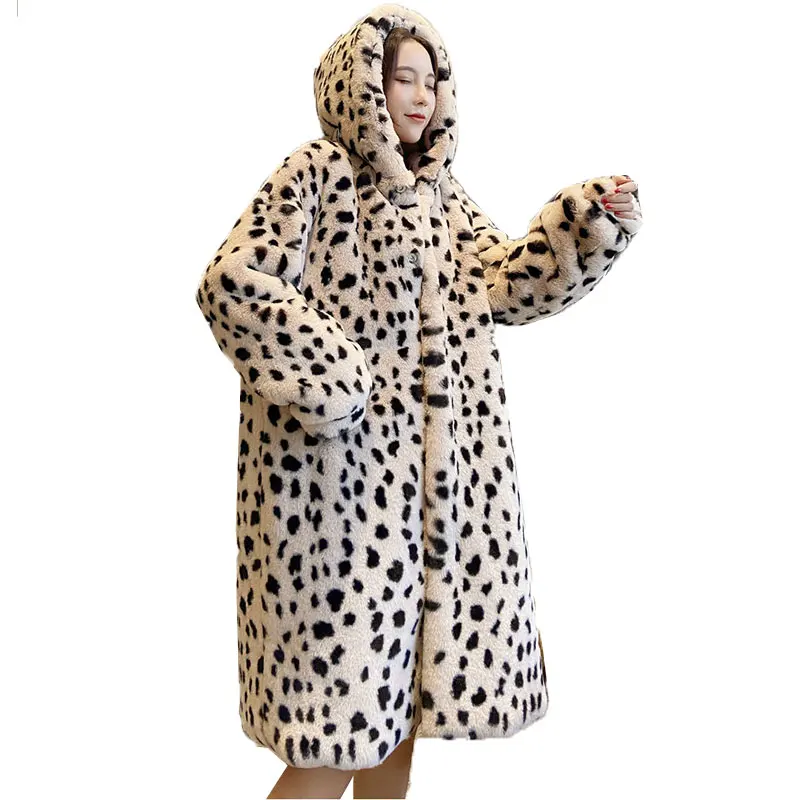 Abrigo de piel de imitación con estampado de leopardo para mujer, parka cálida con capucha, chaqueta de invierno, novedad de 2023