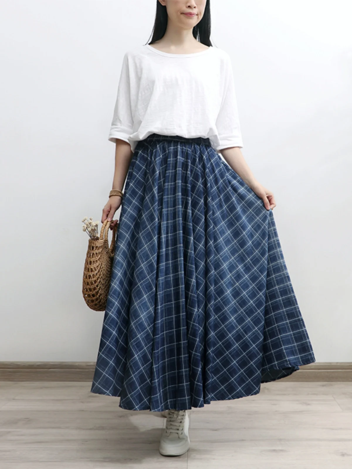 Free Shipping 2024 New Long Maxi Women Elastic High Waist Spring  Summer Denim  Plaid Lady  A-Line Patchwork Skirts