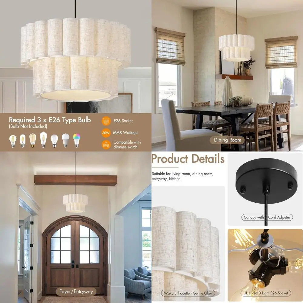 

Подвесной светильник с волнистым льняным абажуром 16 дюймов, деревенский тканевый потолочный светильник для столовой, кухни, гостиной и освещения над столом