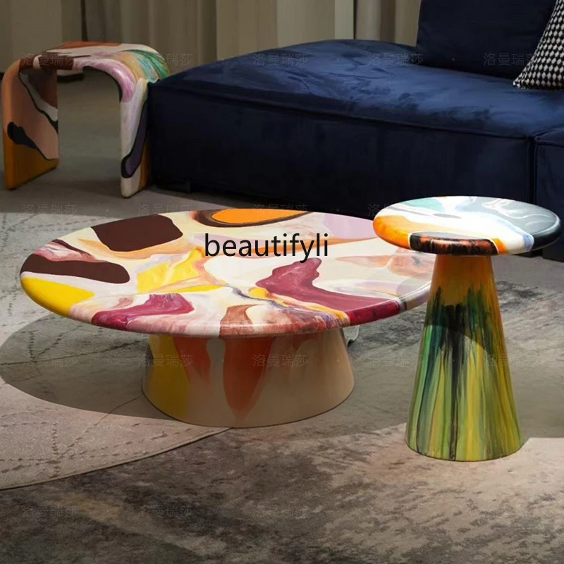 

Medieval creative light luxury painted solid wood living room hand-painted oil painting designer personalized round coffee table