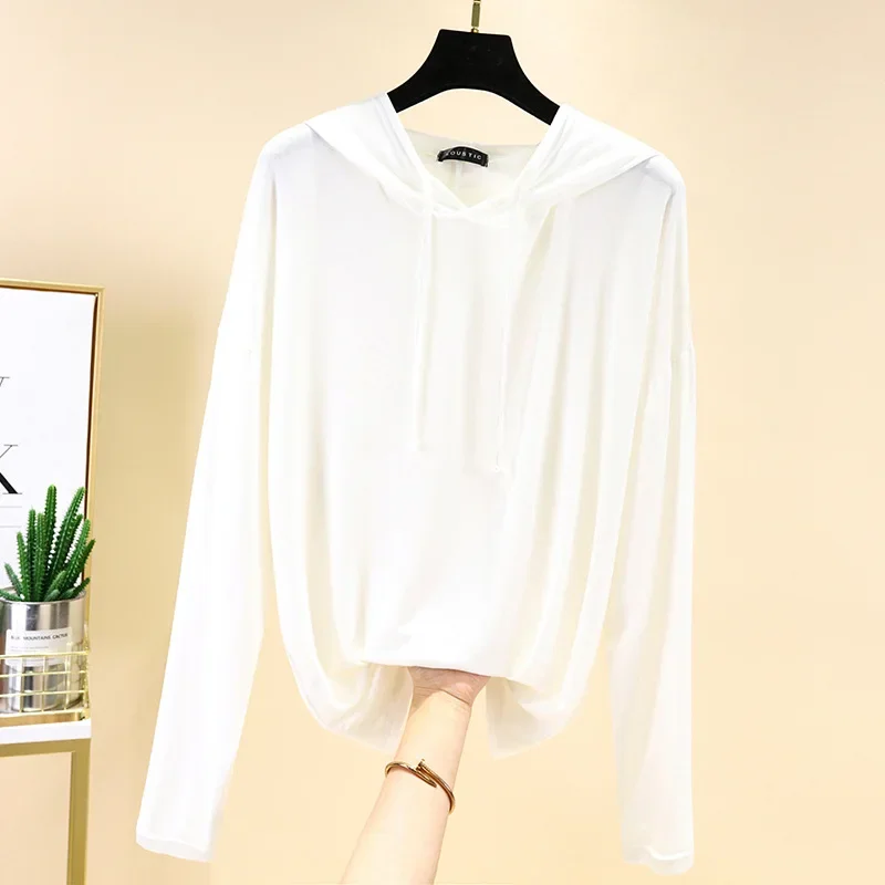 New ladies spring and autumn modal long-sleeved T-shirt large size hooded sweater loose bottoming shirt solid color top color