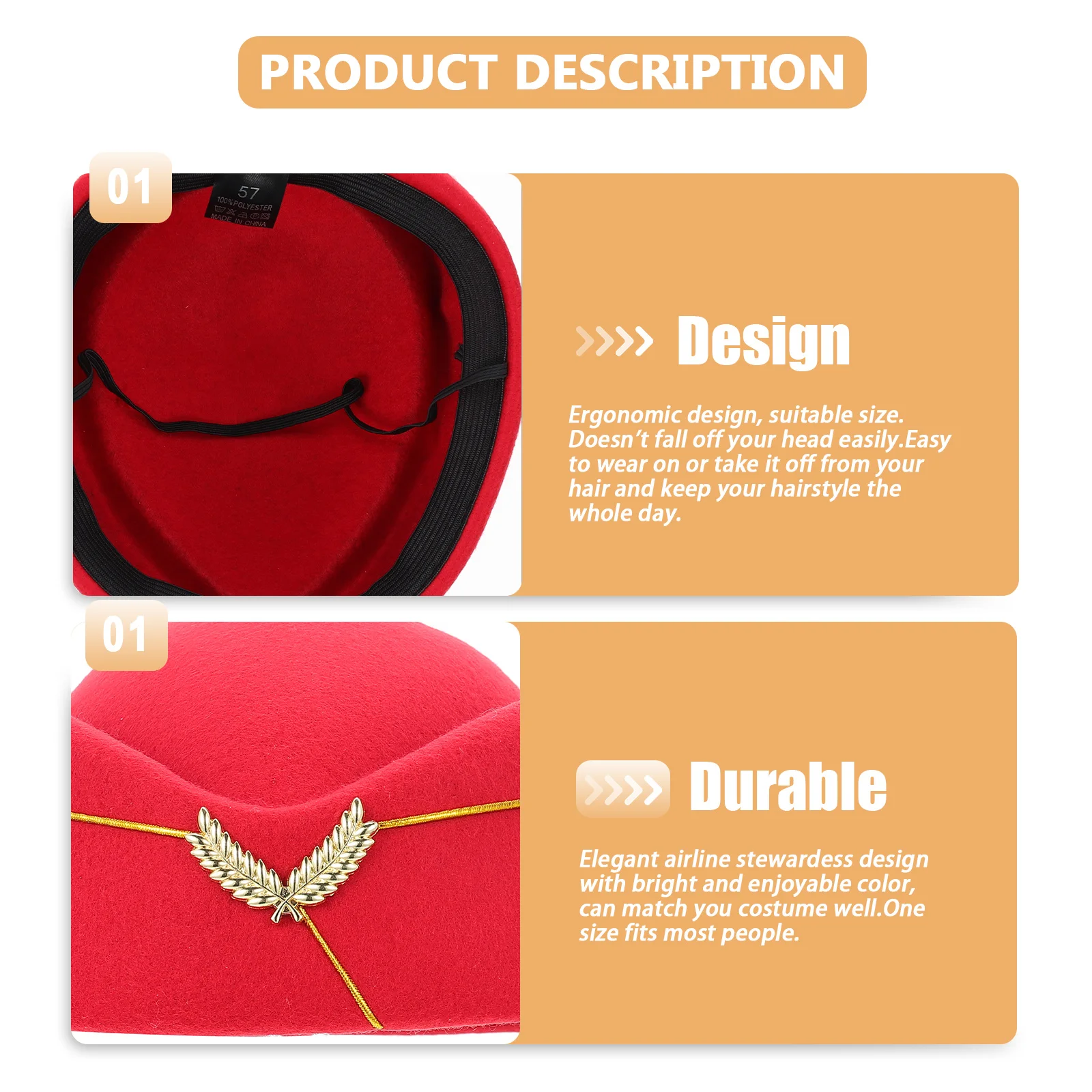 

Airline Stewardess Hat Flight Attendant Costume Beige Color One Size Fits Most Smooth Texture Cosplay Party Stage Performance