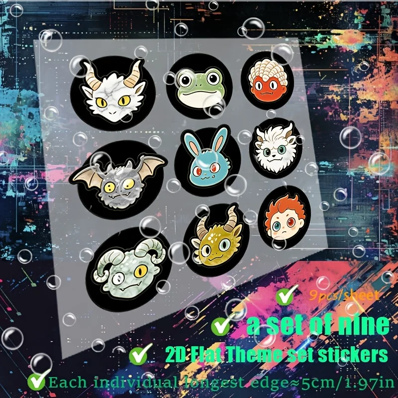 2D Flat Cute Mythical Monster Round Waterproof Vinyl Stickers Cartoon Dragon Bat Creature Decals Holiday Gift For Car Laptop