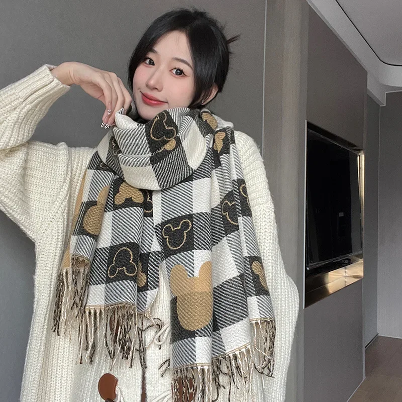 Disney Luxury Winter Cashmere Scarf Women Anime Mickey Mouse Design Warm Pashmina Blanket Scarves Female Shawl Wraps Gift