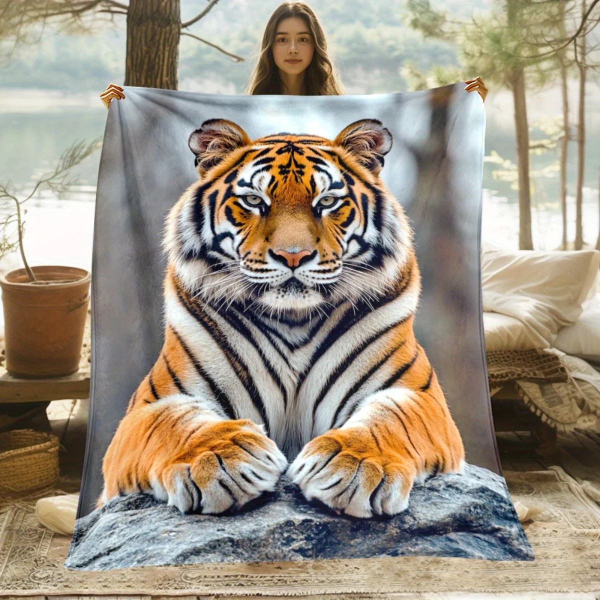 1pc Tiger Portrait Blanket - Ultra-Soft Lightweight Flannel Throw with Realistic Tiger Head and Orange Fur - All-Season Use for