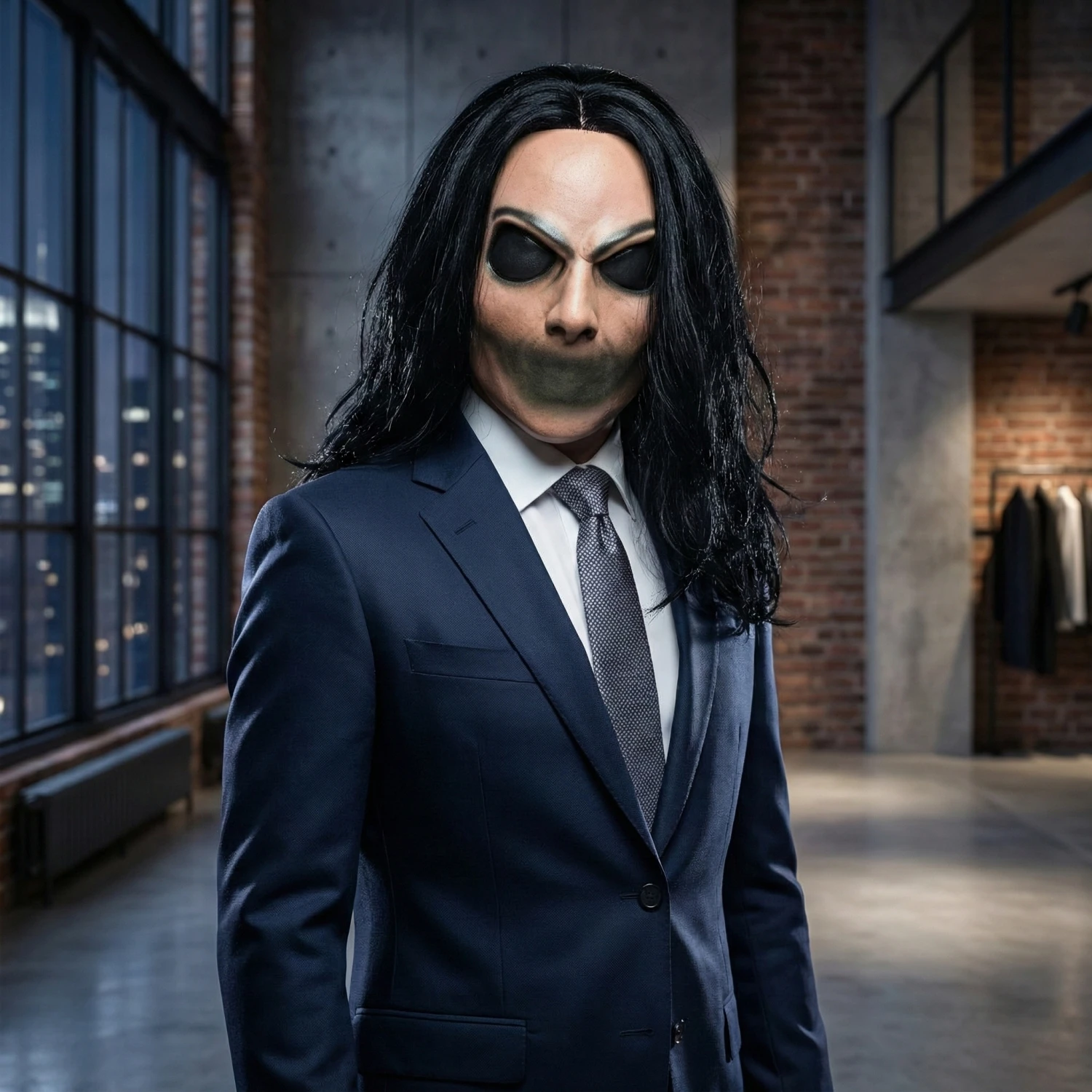 Silent Stalker Horrormaske mit Haaren – realistisches, mundloses Killer-Gesicht für Halloween-Kostüme und Cosplay für Erwachsene