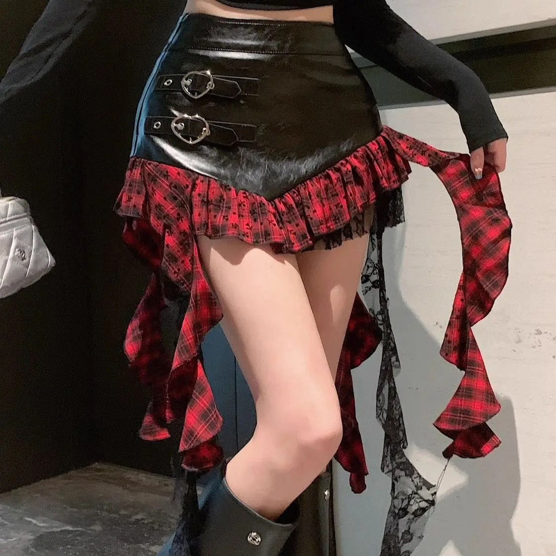 

Punk Plaid Skirt with Streamer Design Lace Stitching Irregular Leather Skirt for Women Autumn New