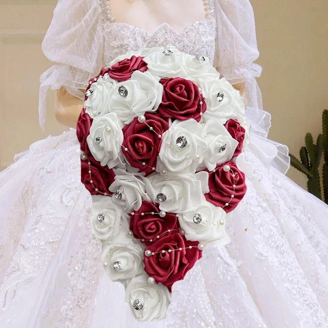 

1PC/LOT Waterfall New Wedding Bouquet Bride Bridesmaid Pearl Rhinestone PE Rose Flower for Marriage