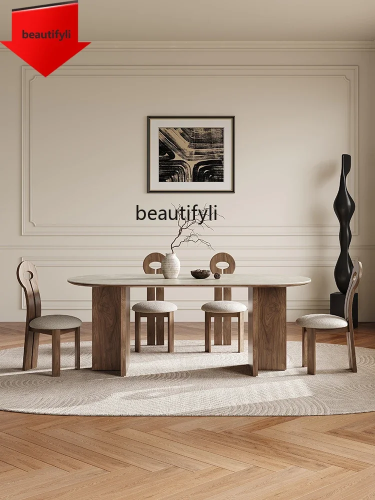 FG11Style Solid Wood Stone Plate Dining Table Small Apartment Home North America Black Walnut French Mid-Ancient Ellipse