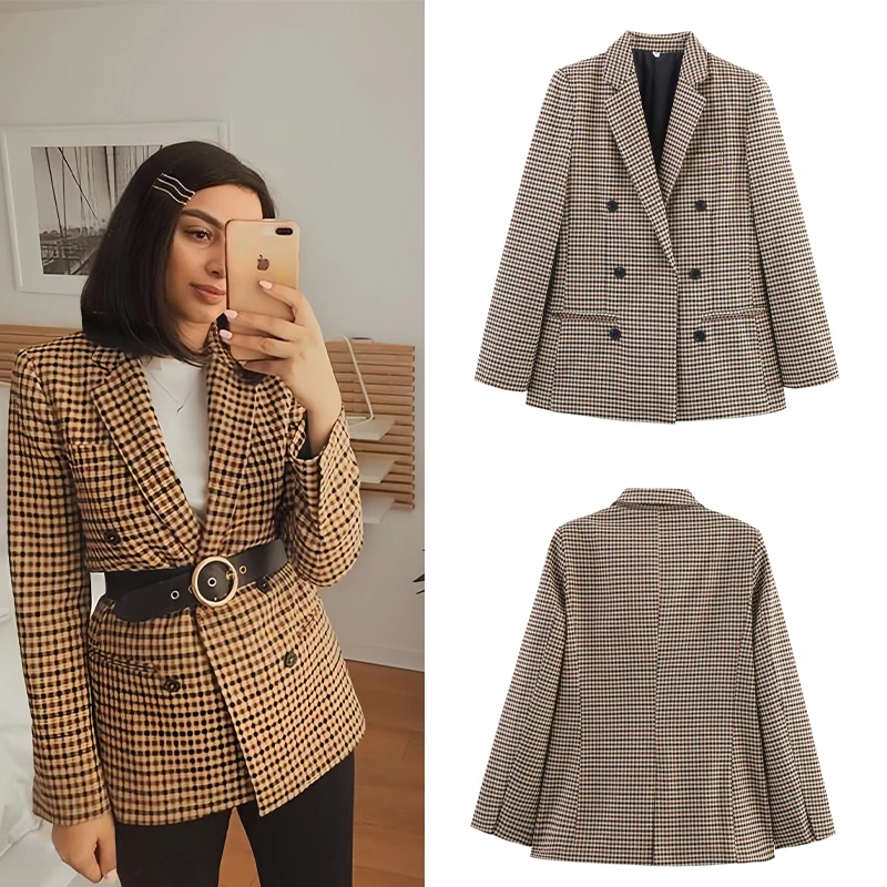 

2025 New Womens Plaid Blazer Double Breasted Loose Fit Fashion Streetwear Sleeve Formal Daily Wear Fashion Streetwear Coat