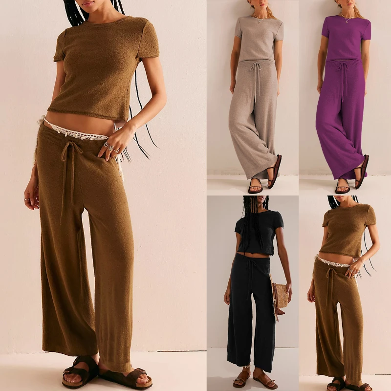 

2025 Summer New Hot Selling Cross border Women's Solid Color Fashion Knitted European and American Style Short Sleeve Set