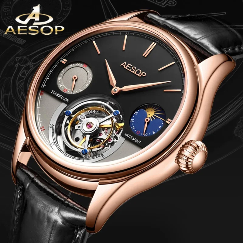 

Aesop Multifunctional Original Real Tourbillon Movement Stainless Steel Black And White Plate Waterproof Mechanical Watch 7023 A