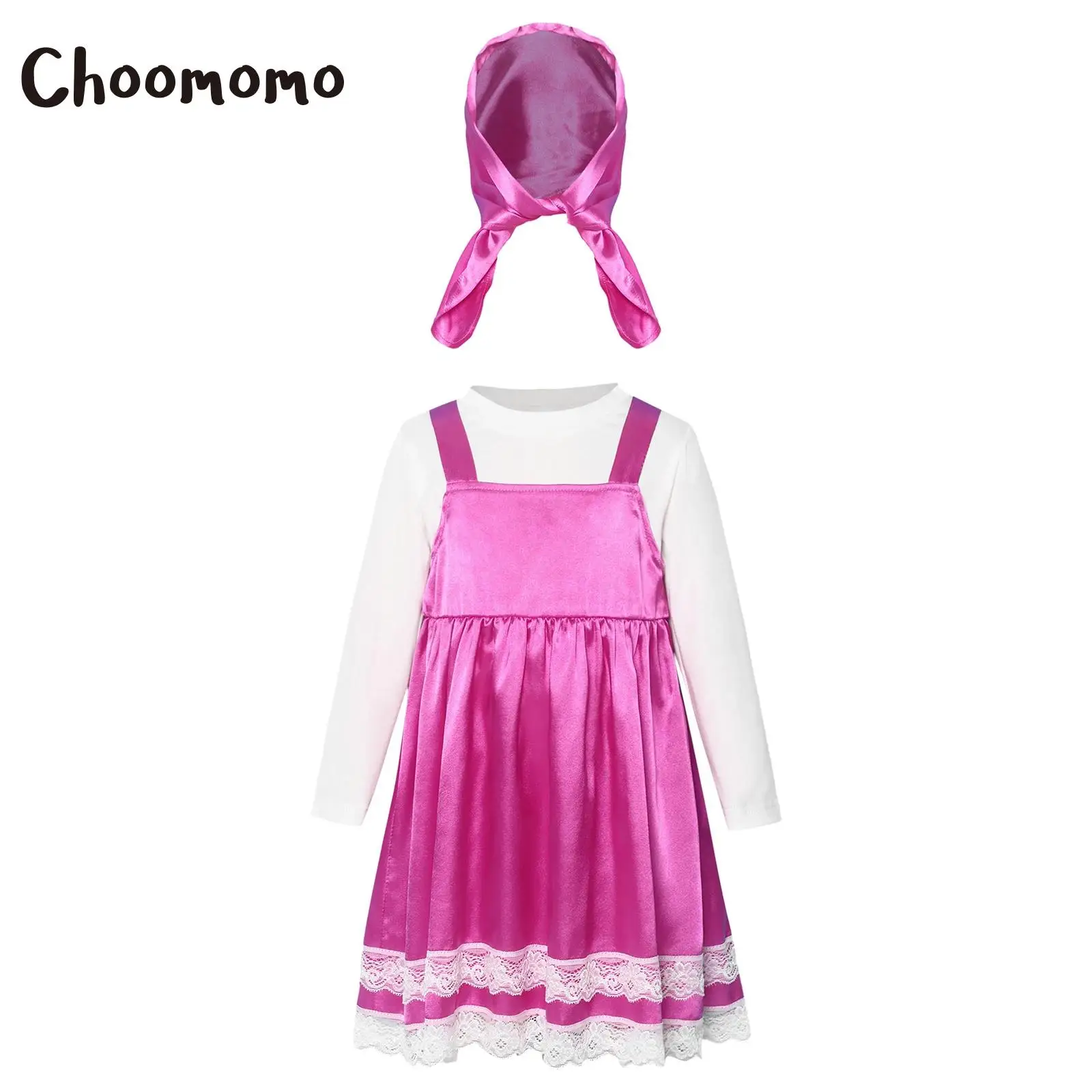 

Toddler Girls Cartoon Character Cosplay Outfit Long Sleeve Ruffle Lace Hem Fake Two Pieces Dress +Headscarf for Birthday Party