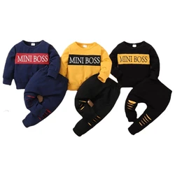 0-18 Months Newborn Baby Boys Clothes Set Cute Letter Print Long Sleeve Tops+Ripped Pants Infant Boys 2PCS Sports Outfit Casual