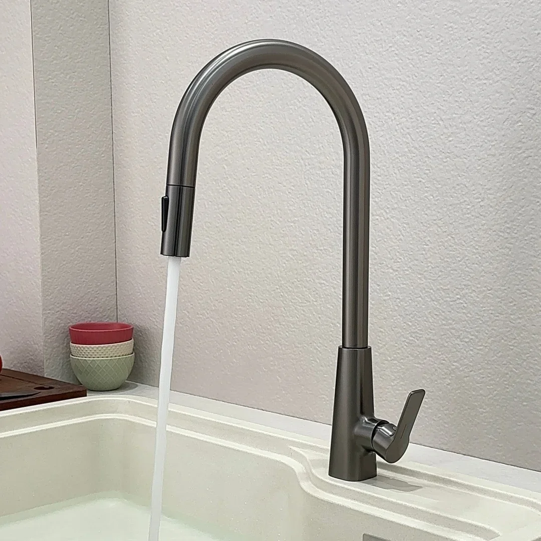 Grifo de cocina extraíble gris, grifo mezclador de fregadero de cocina de níquel cepillado, grifo giratorio para cocina