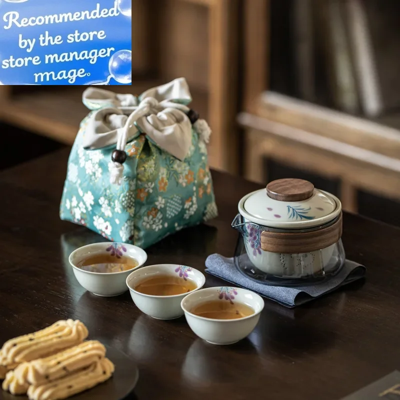 

Ручная роспись, быстрая чашка, стекло с защитой от ожогов, дорожный чайный сервиз, портативный тканевый мешок для хранения на открытом воздухе, чайный сервиз кунг-фу, китайский