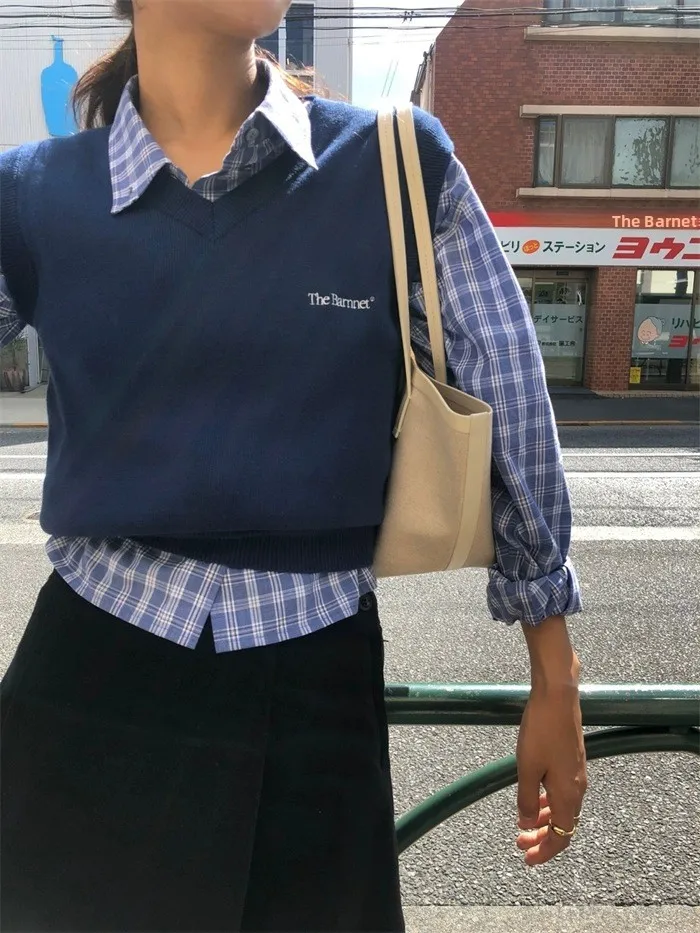 

Blue White Plaid irt V-Ne Knitted Vest Women's Anti-Aging lectual Sle Long Sve Button up Casual irt