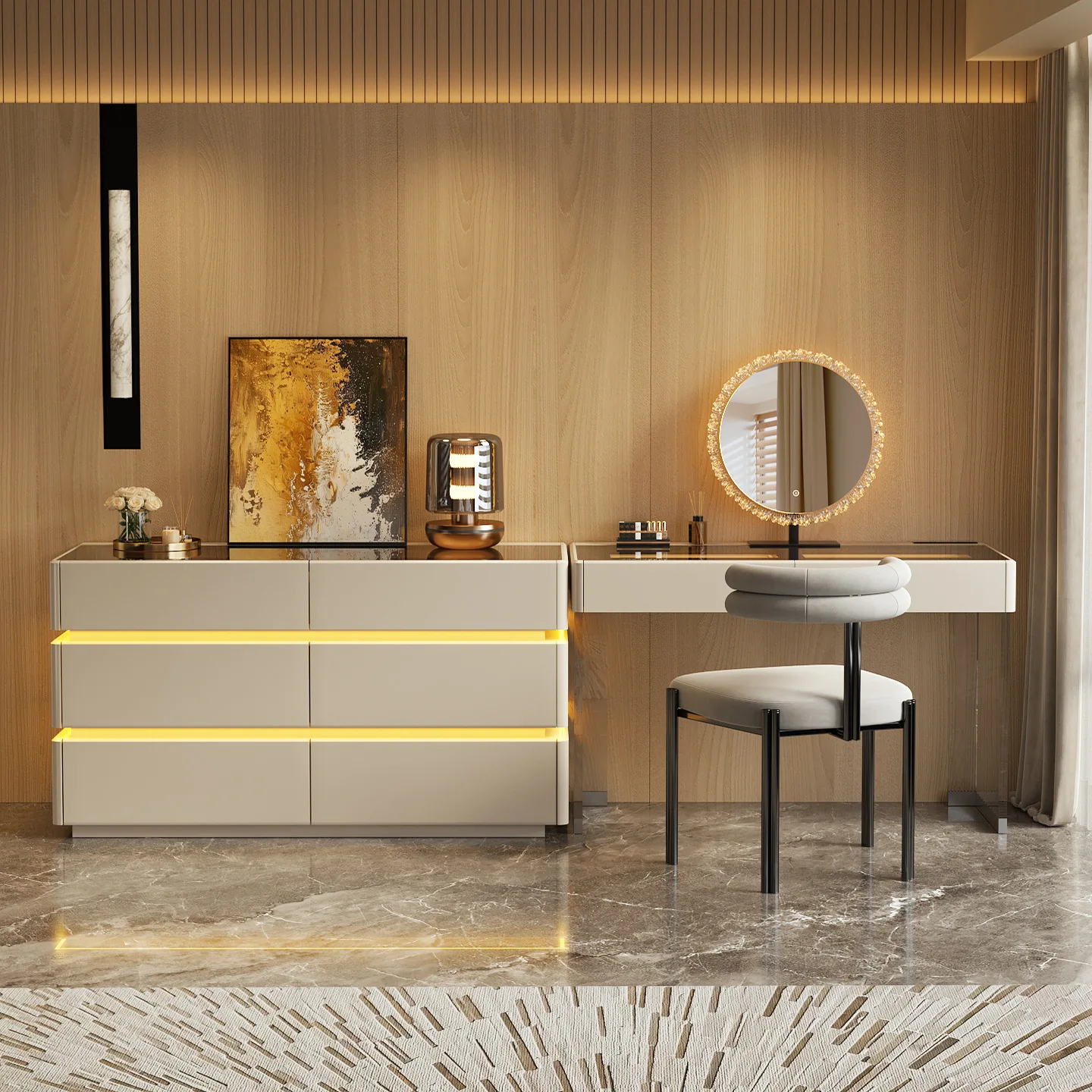 Modern High-End Luxury Bedroom Dressing Table Set with LED Mirror Cabinet Makeup Vanities and Drawer Desk Wood Storage