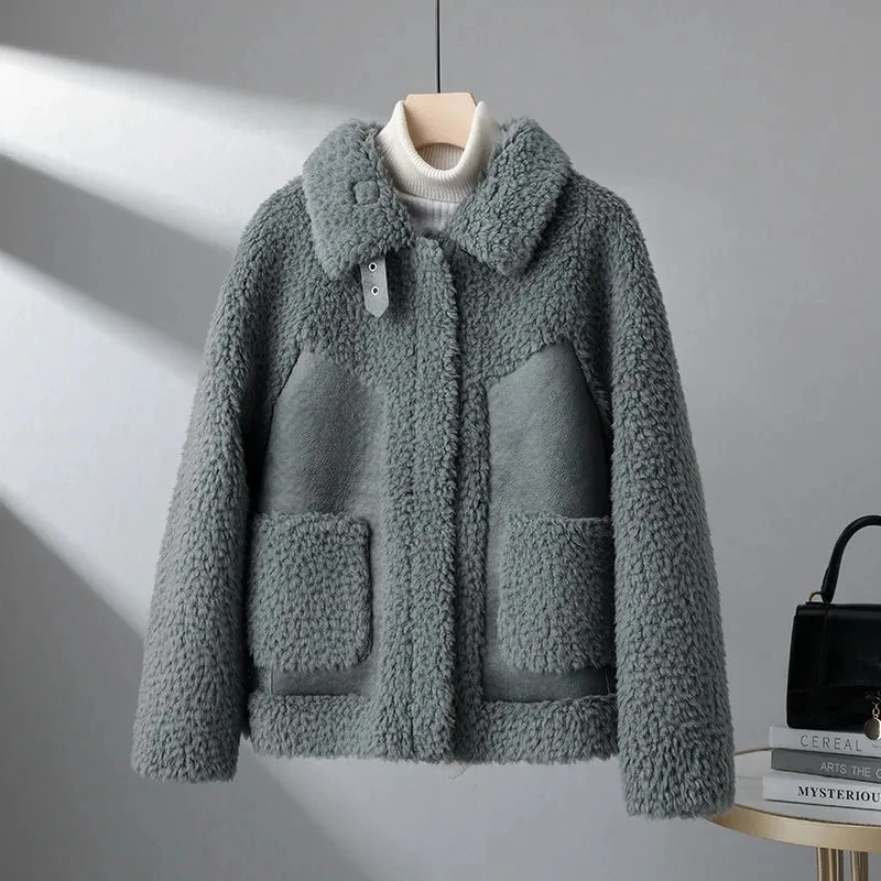 2024 Autumn Winter Lambswool Jacket Womens Chic Splice Lamb Wool Coat Tops Women Korean Bomber Wool Outwear Woman Suede Jackets