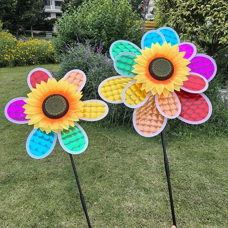 1Pcs Sunflower Rainbow Wind Spinner Colorful Petal Windmill Decorative Stake Ornament For Yard Garden Lawn Outdoor Party Decor