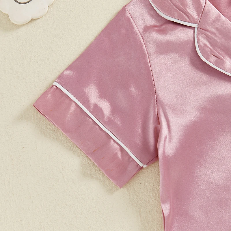 Blotona Piyama Satin Bayi Laki-laki Perempuan Jumpsuit Warna Polos Berkancing Lengan Pendek Pakaian Tidur Balita Lucu