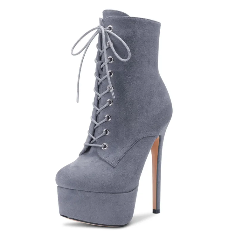 

Plus Size 46 Women Ankle Boots Suede Stretch Cloth Round Toe 16cm Platform Heels Lace Up Modern Ridding Boots Grey Red Black