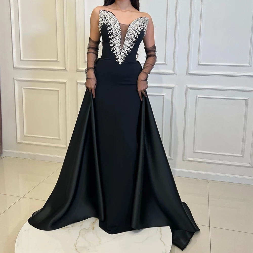 

Customized Exquisite Detachable Sleeves Panel Train Pleats Crystal Evening Dresses Classic Sweetheart Black Satin Party Gowns