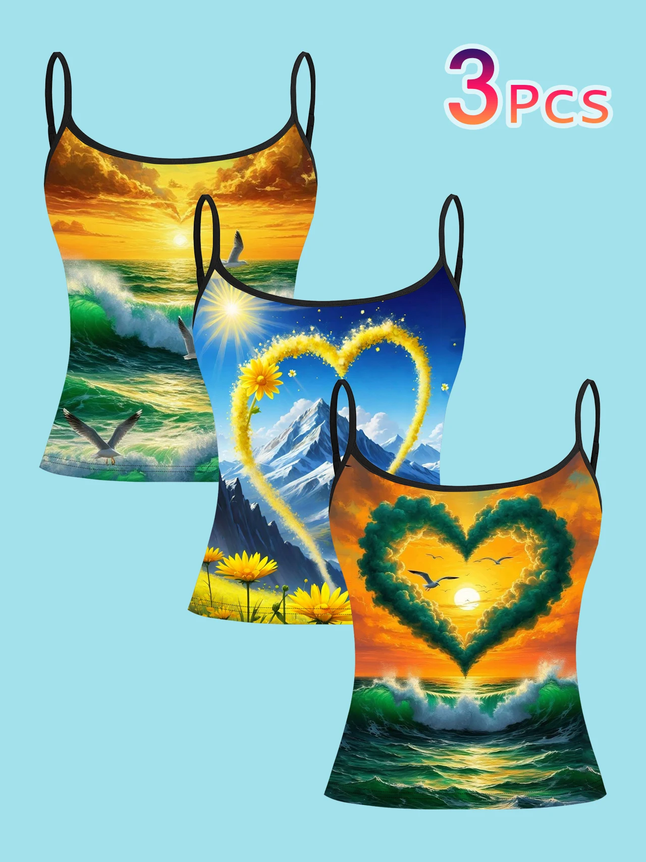3-Piece Set of Heart-Shaped Wave, Sunset, Snow Mountain, and Seagull Print Spaghetti Strap Tank Tops, Romantic Landscape Slim-Fit Sleeveless Tops, Fresh and Beautiful Vacation Style Inner and Outer Wear Base Shirts