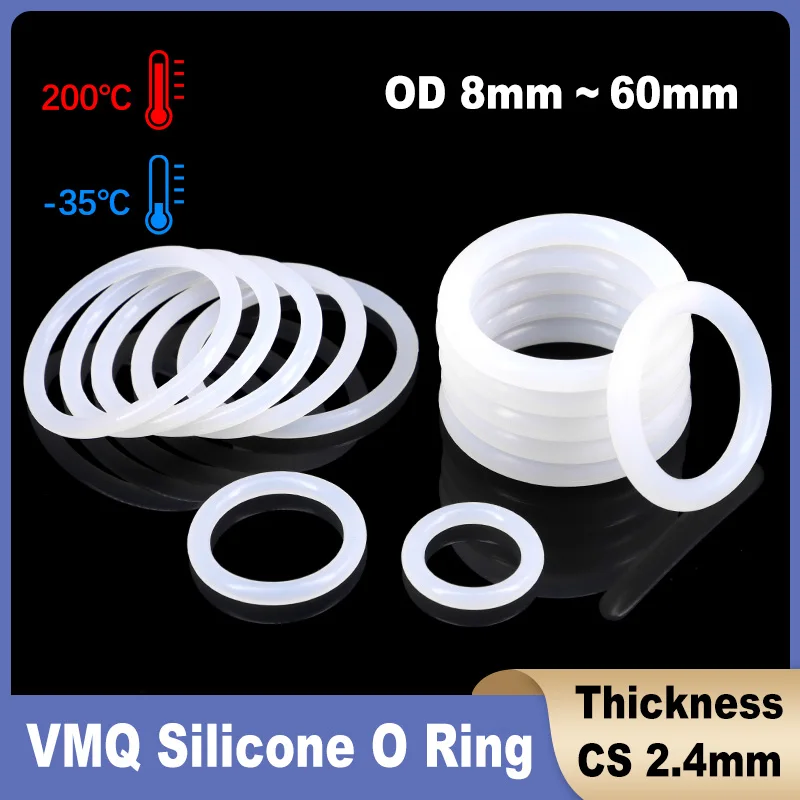 CS 2.4mm VMQ O Ring Silicone Seal Gasket OD 8mm ~ 60mm White Food Grade Rubber Insulated Waterproof  Sealing Washer Round Shape