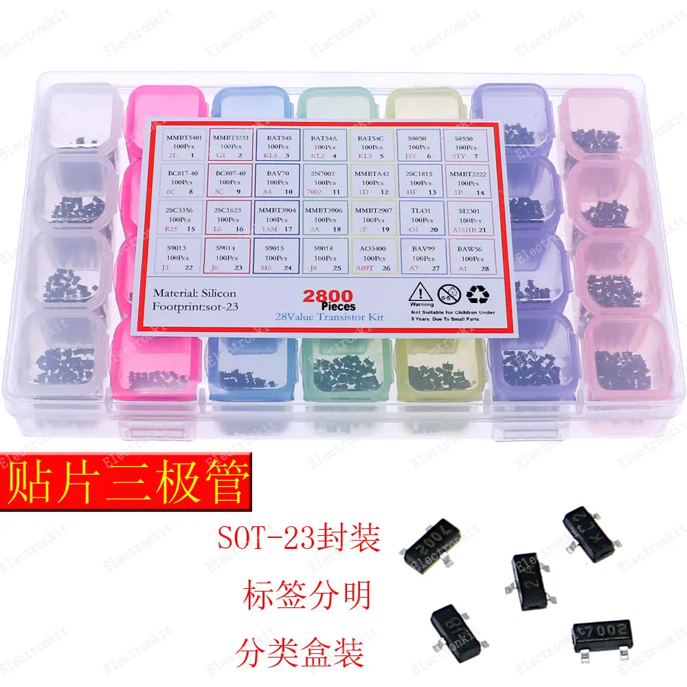 2800pcs 28Value SMD Chip Transistor Assortment Kit 2N2222 S8050 BC817 BAT54 AO3400 S9018 TL431 5401 5551 2N7002 2SC1623 SI2301