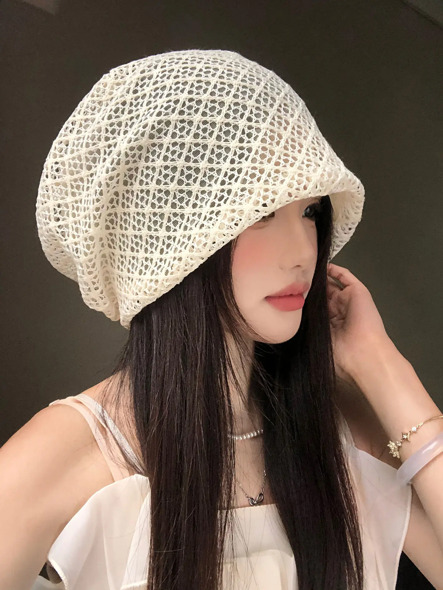 Japanese hollow bald hat women's spring and summer thin high-end piling hat showing small face, big head circumference, cold hat