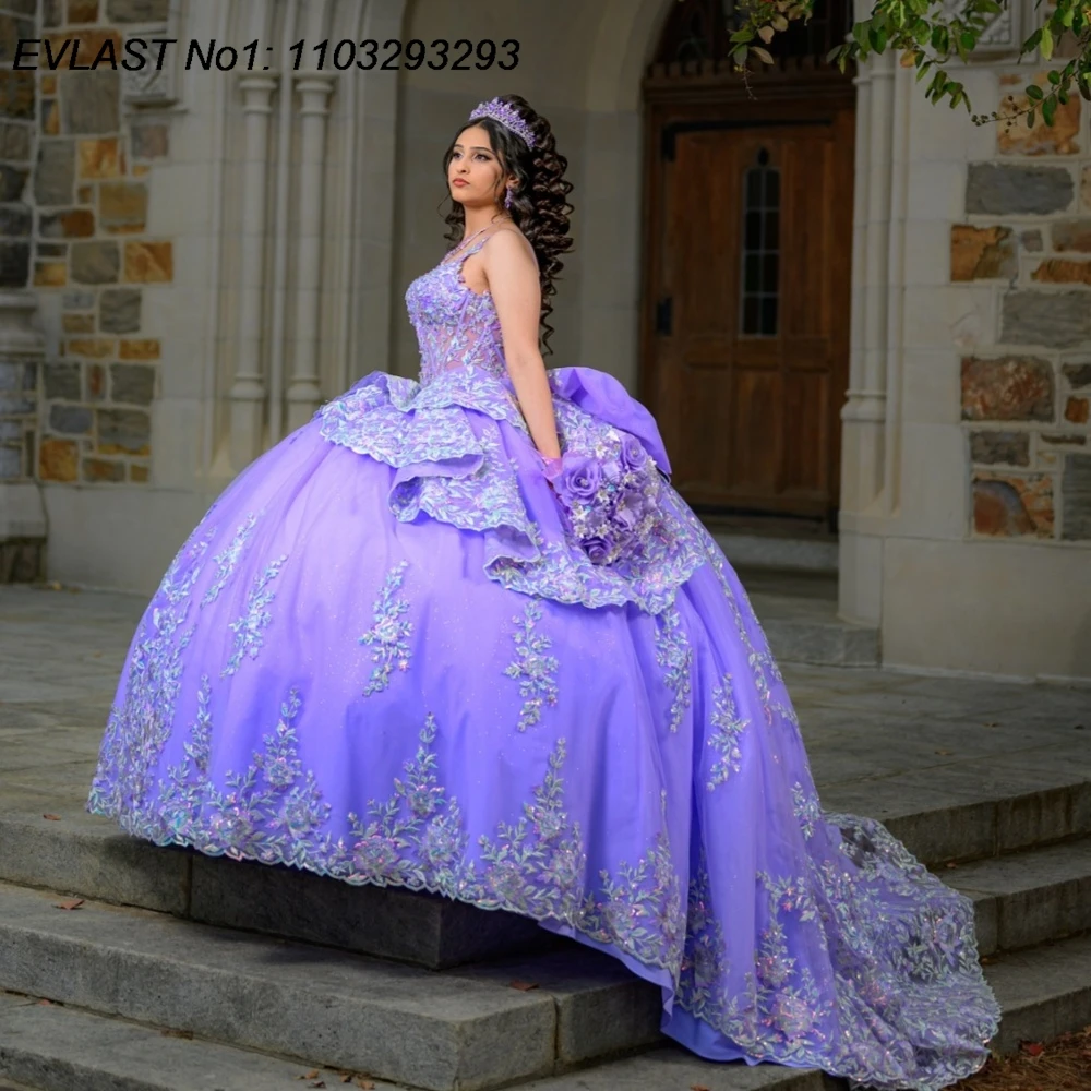 

EVLAST Customized Glitter Lilac Ball Gown Quinceanera Dress Lace Applique Beading Tiered Bow Sweet 16 Vestidos De 15 Anos E1QN04