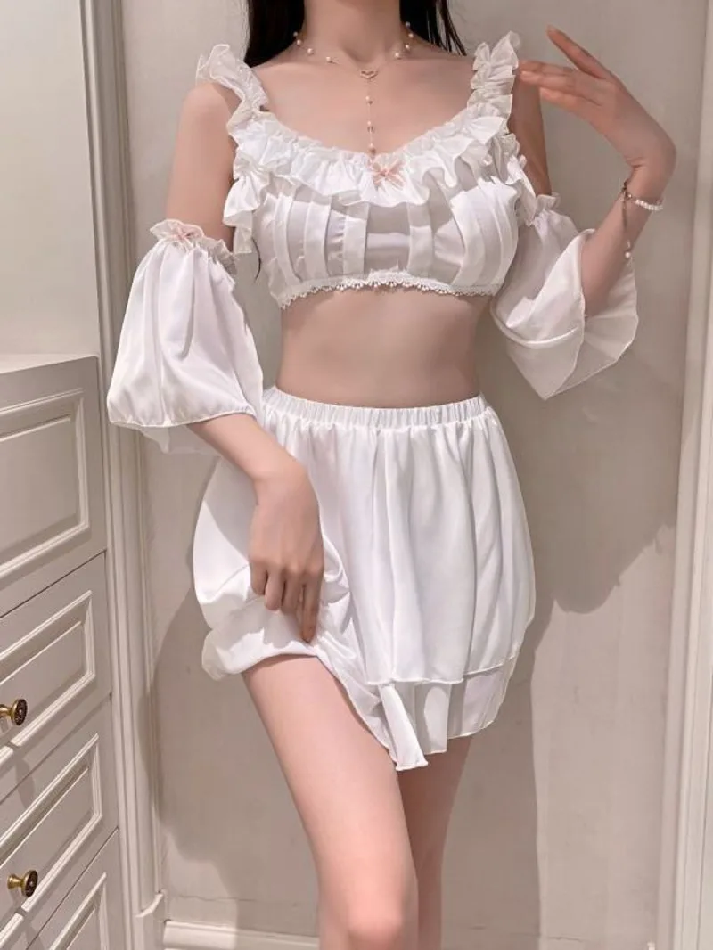 Sweet White Tank Mini Lace Hot Pure Desire Sexy Nightgown Women's Thin Two-piece Set Fashion Women Mini Dress 2024 New OC39