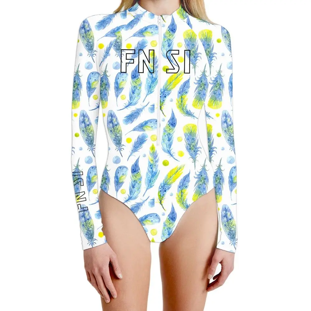 Fn Si Print One Piece Swimsuit Long Sleeve Swimwear Women Bathing Suit Sexy Surf Monokini Beach Surfing Swim Suit