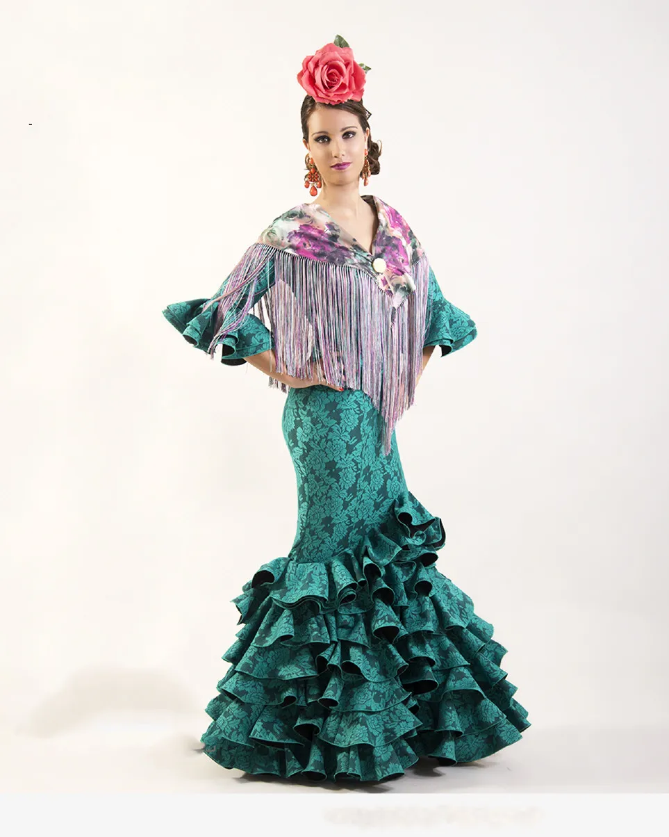 Emerald Hunter Green Retro Palace Evening Dresses Half Sleeve Ruffles Train Flamenco Dress APRIL Elastic Prom Gown