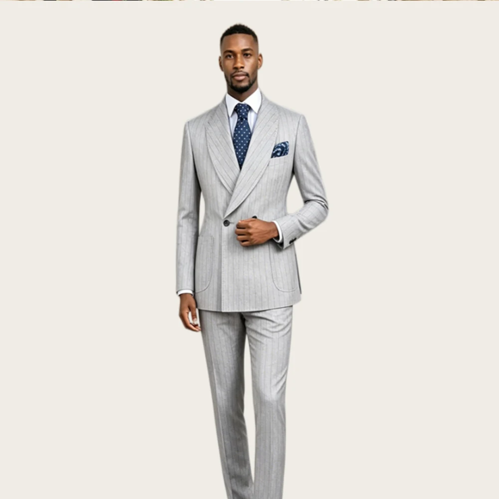 Africa Pinstrip Men's Suits 2 Pieces Peaked Lapel Double Breasted Wedding Suit Tuxdeo Slim Fit Office Business Blazer Customized