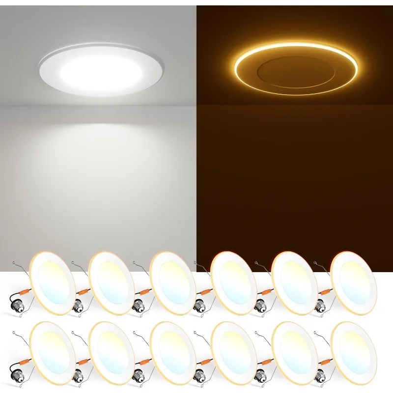 12 Pack 5/6 Inch 5CCT LED Recessed Can Light with Night Light, 2700K/3000K/4000K/5000K/6000K Selectable Flat Recessed